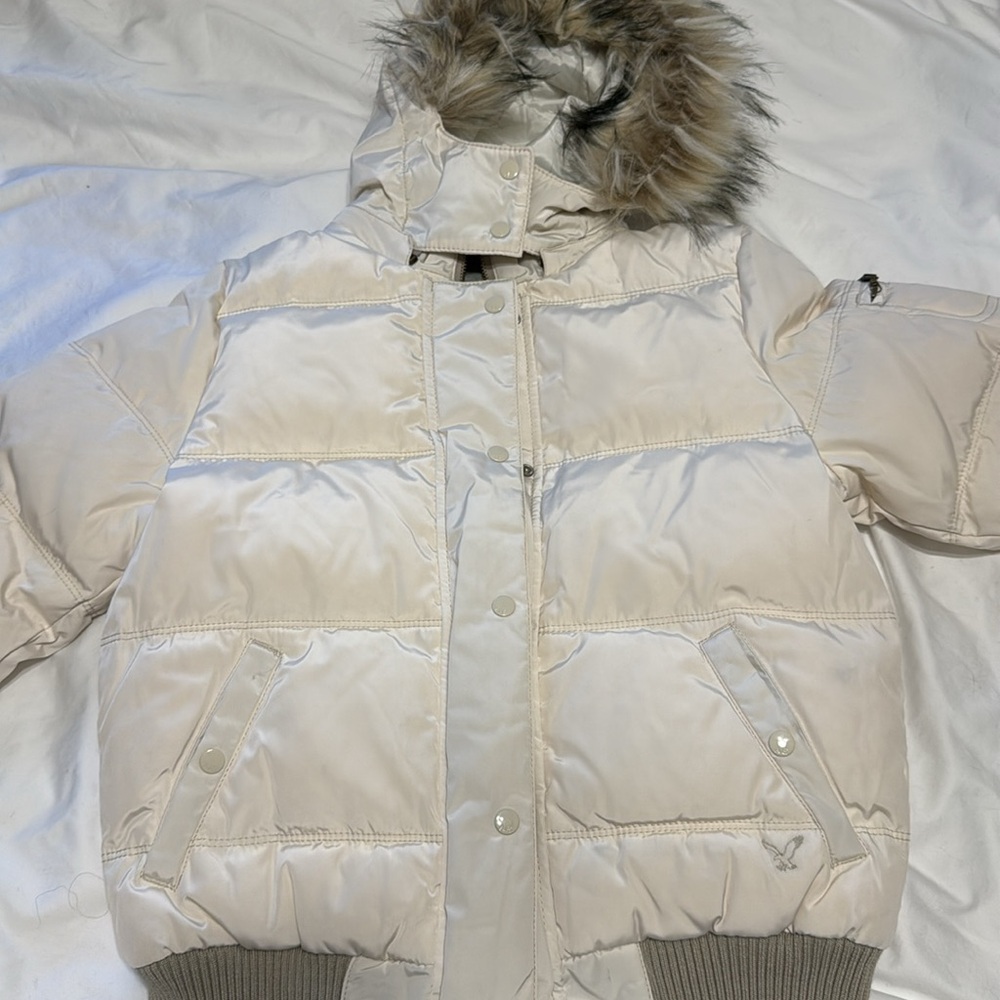 WOMENS AEO AMERICAN EAGLE OUTFITTERS PUFFER JACKET COAT HOOD DOWN SKI M WHITE